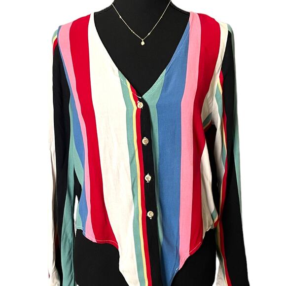 3/$15 Rue 21 Multi Colored Striped Long-sleeved V Neck Blouse - Picture 2 of 8